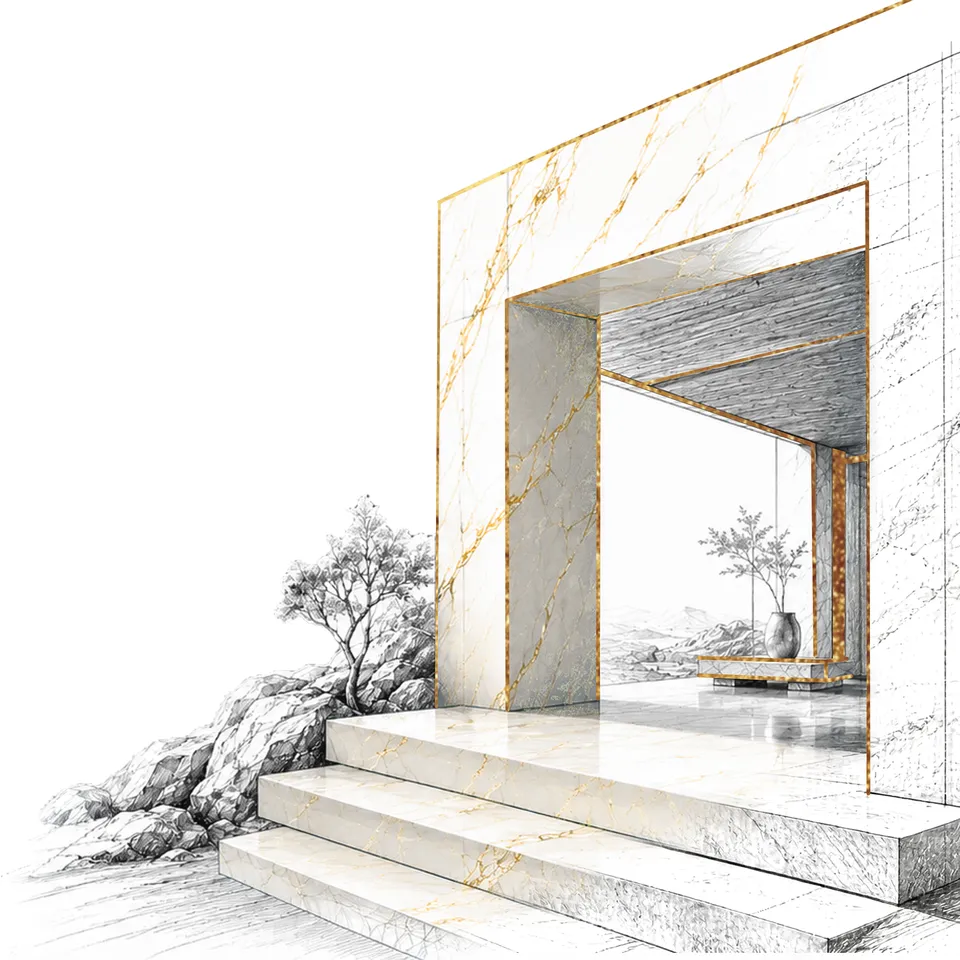 Brochure drawing of a marble doorway with gold veining and stone steps