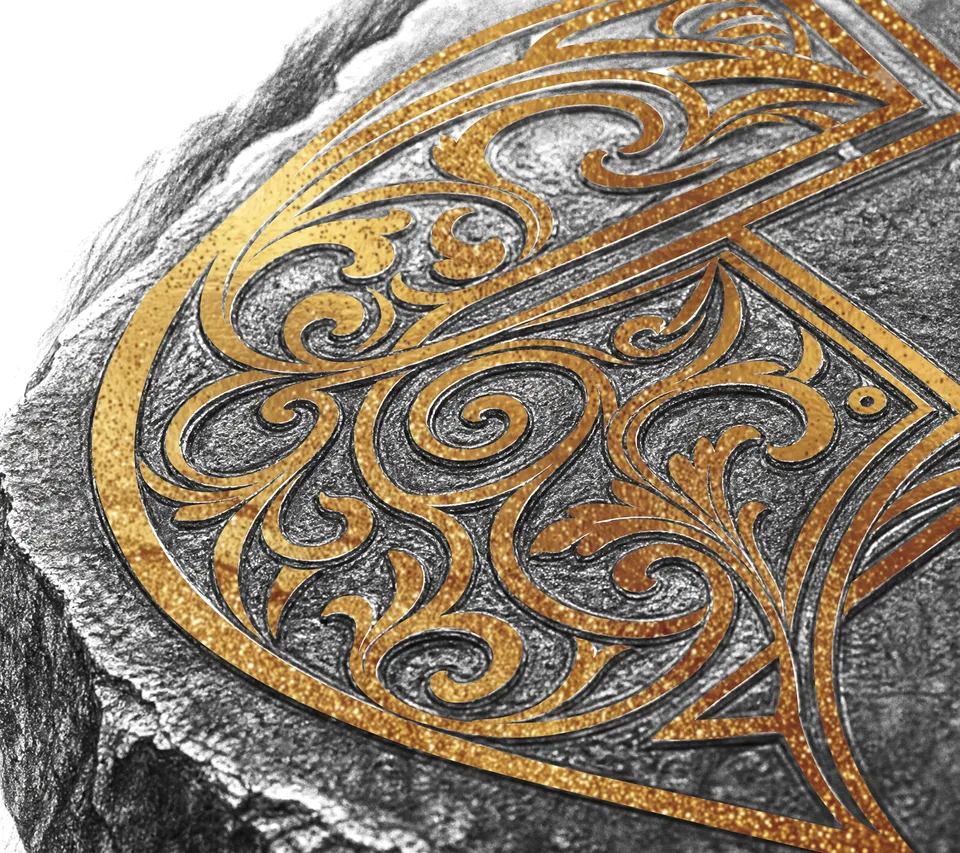 Gold metal engraving set into stone, from the brochure