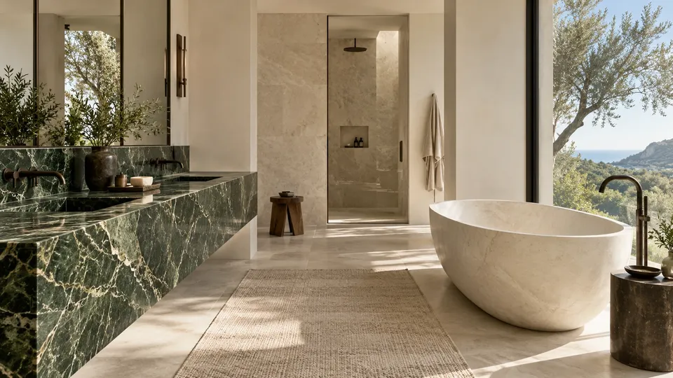 Bathroom concept with a green stone vanity and a pale stone bath