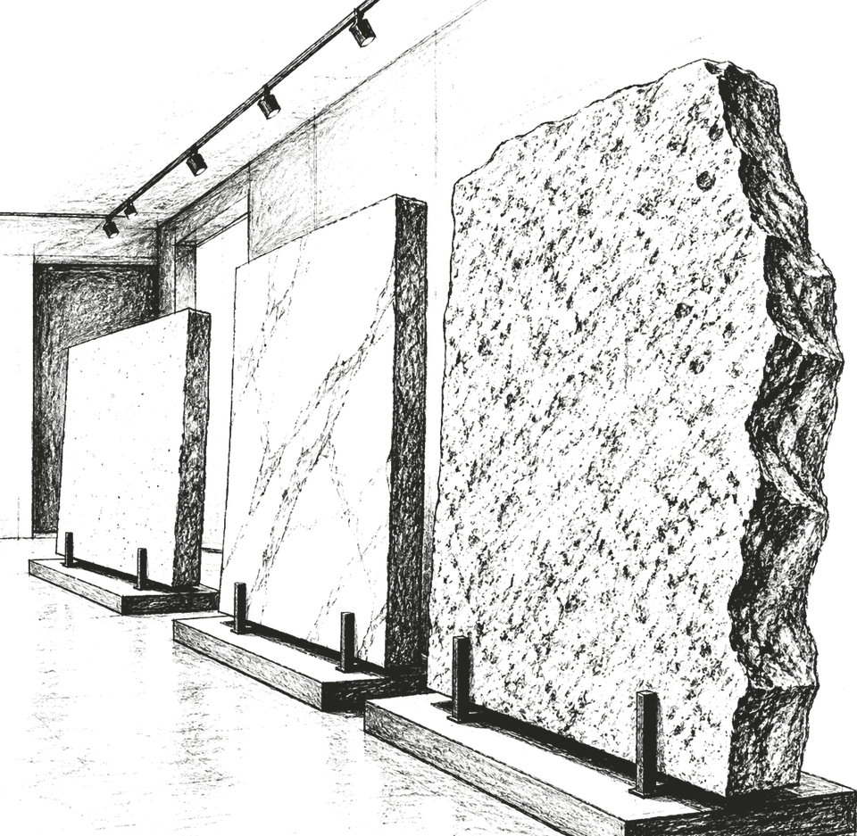 Brochure sketch of stone slabs displayed in a gallery
