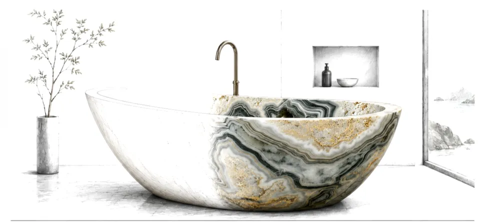 Brochure image of a sculpted onyx bathtub